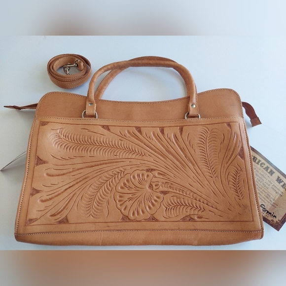 Tan Leather Handbag Tooled Hanbag VINTAGE 2 WAY handles And Shoulder Strap - Picture 1 of 6